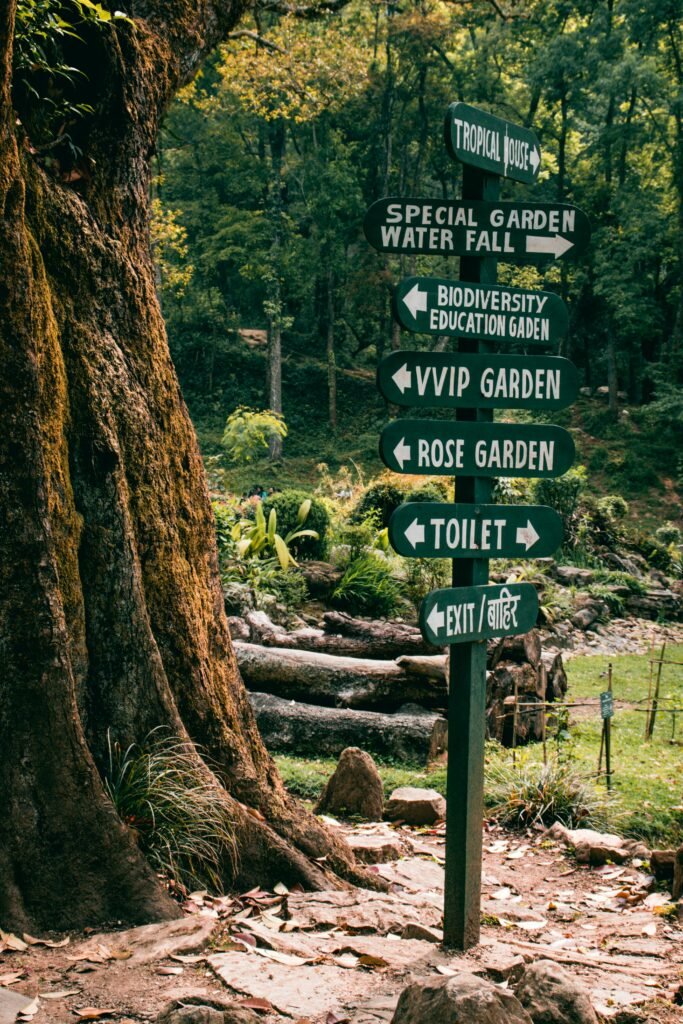 Directional signs in a lush garden in Kathmandu, Nepal, indicating various attractions.